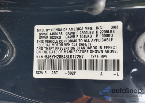 2003 Honda Element Ex из США, поврежденный, VIN 5J6YH28543L017257